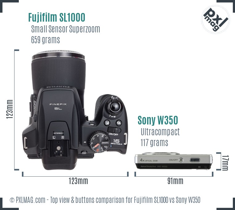 Fujifilm SL1000 vs Sony W350 top view buttons comparison