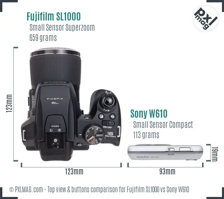 Fujifilm SL1000 vs Sony W610 top view buttons comparison