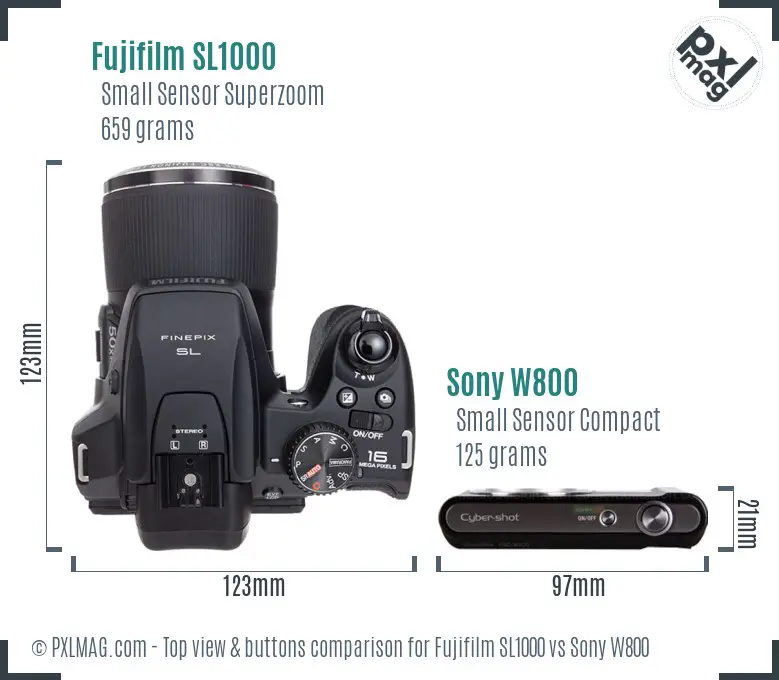 Fujifilm SL1000 vs Sony W800 top view buttons comparison Fujifilm SL1000 vs Sony W800 top view buttons comparison