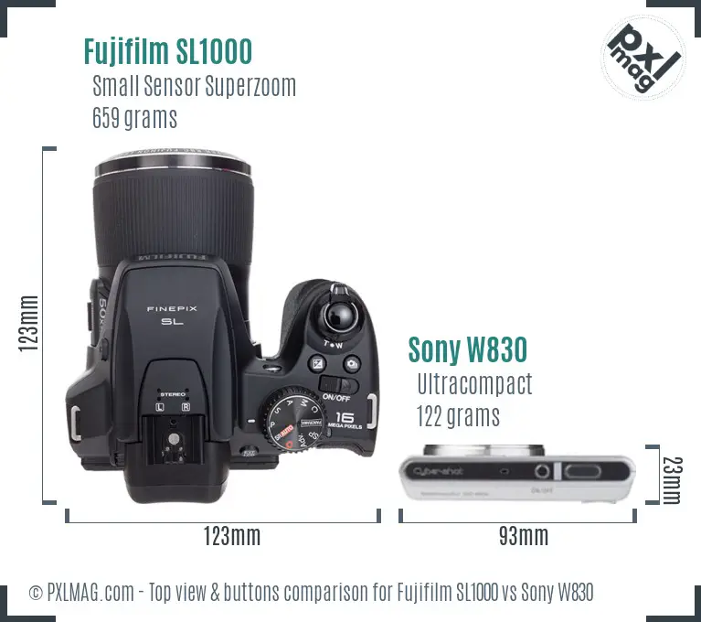 Fujifilm SL1000 vs Sony W830 top view buttons comparison