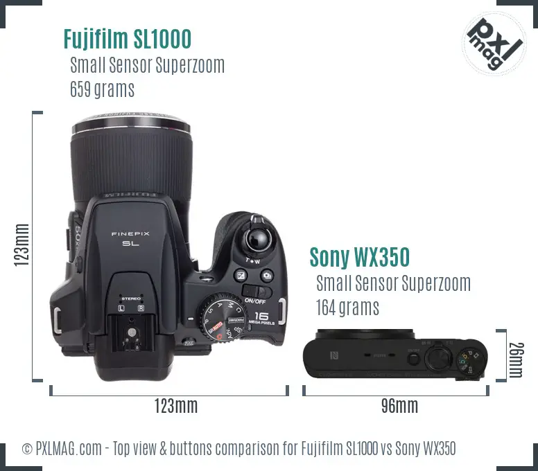 Fujifilm SL1000 vs Sony WX350 top view buttons comparison Fujifilm SL1000 vs Sony WX350 top view buttons comparison
