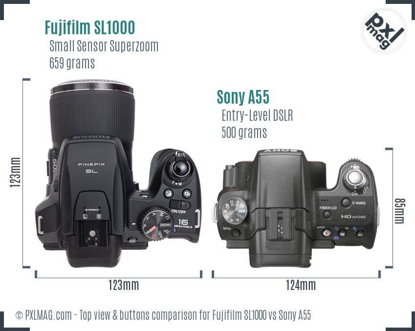Fujifilm SL1000 vs Sony A55 top view buttons comparison