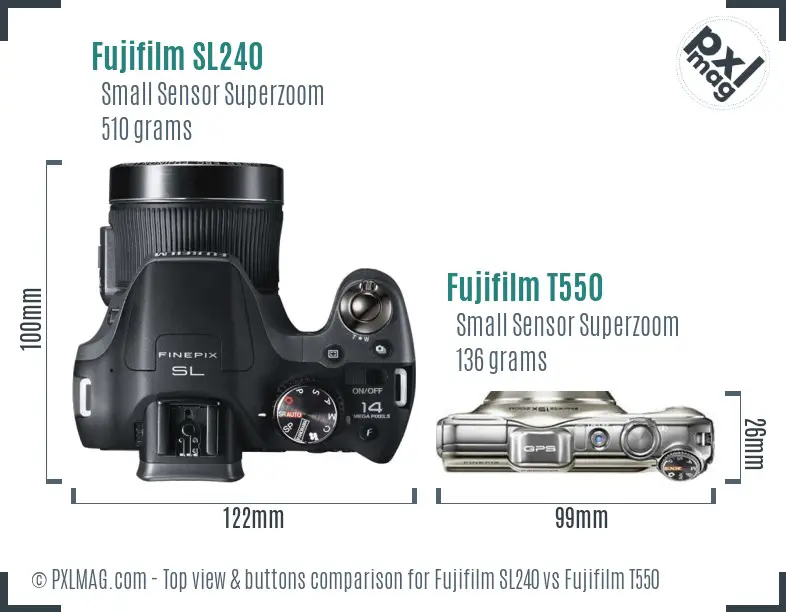 Fujifilm SL240 vs Fujifilm T550 top view buttons comparison