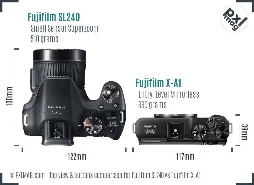 Fujifilm SL240 vs Fujifilm X-A1 top view buttons comparison