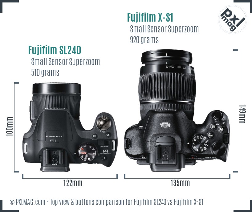 Fujifilm SL240 vs Fujifilm X-S1 top view buttons comparison