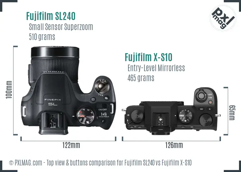 Fujifilm SL240 vs Fujifilm X-S10 top view buttons comparison