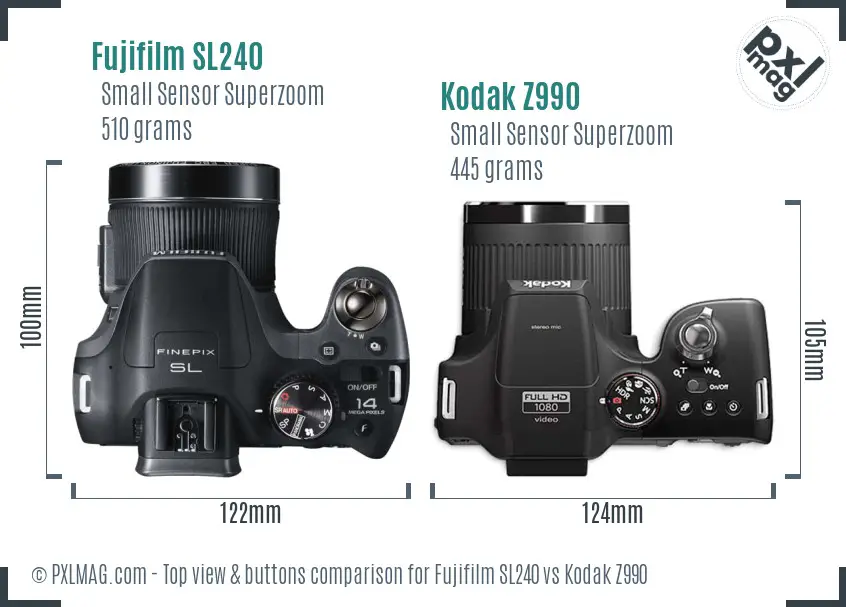 Fujifilm SL240 vs Kodak Z990 top view buttons comparison