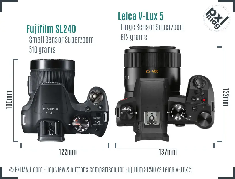 Fujifilm SL240 vs Leica V-Lux 5 top view buttons comparison