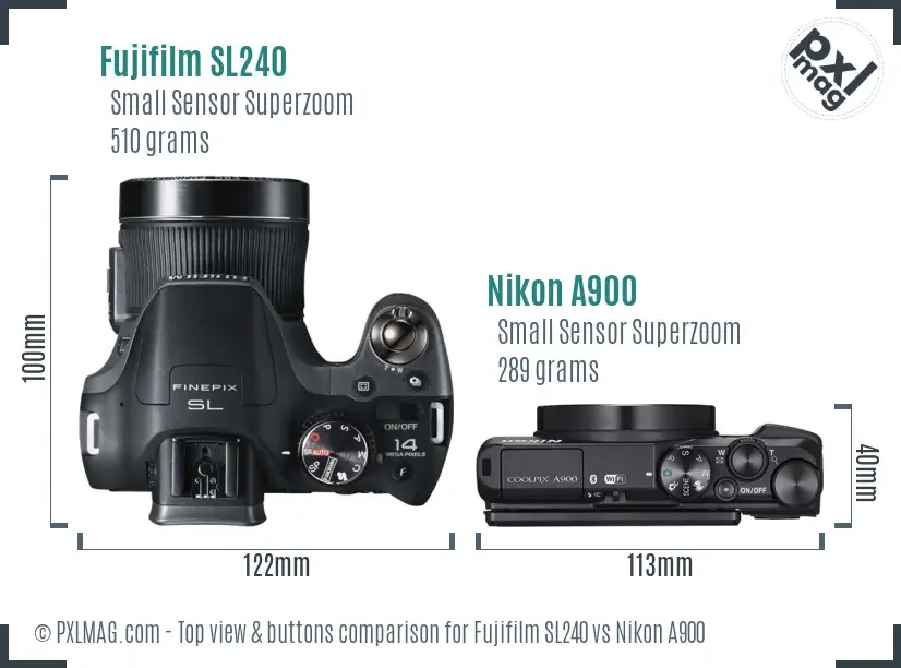 Fujifilm SL240 vs Nikon A900 top view buttons comparison