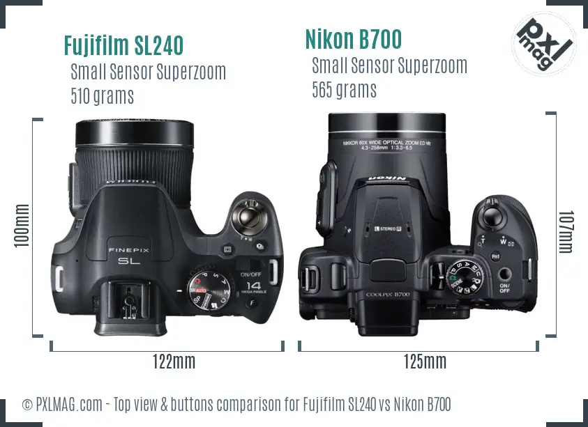 Fujifilm SL240 vs Nikon B700 top view buttons comparison