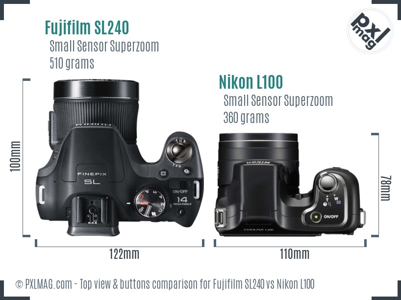 Fujifilm SL240 vs Nikon L100 top view buttons comparison