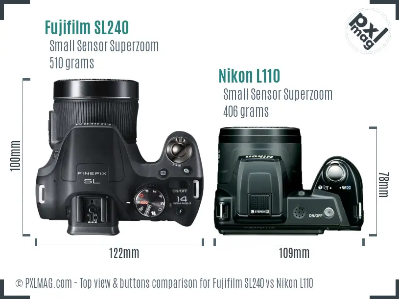 Fujifilm SL240 vs Nikon L110 top view buttons comparison