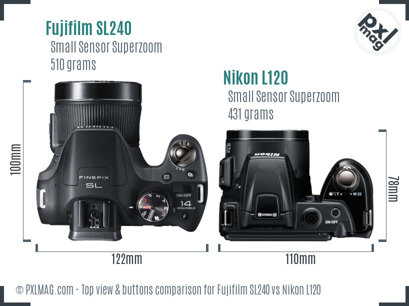 Fujifilm SL240 vs Nikon L120 top view buttons comparison