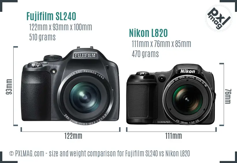 Fujifilm SL240 vs Nikon L820 size comparison