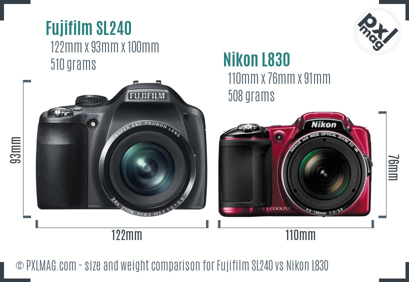 Fujifilm SL240 vs Nikon L830 size comparison