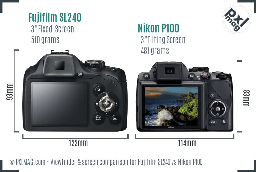 Fujifilm SL240 vs Nikon P100 Screen and Viewfinder comparison