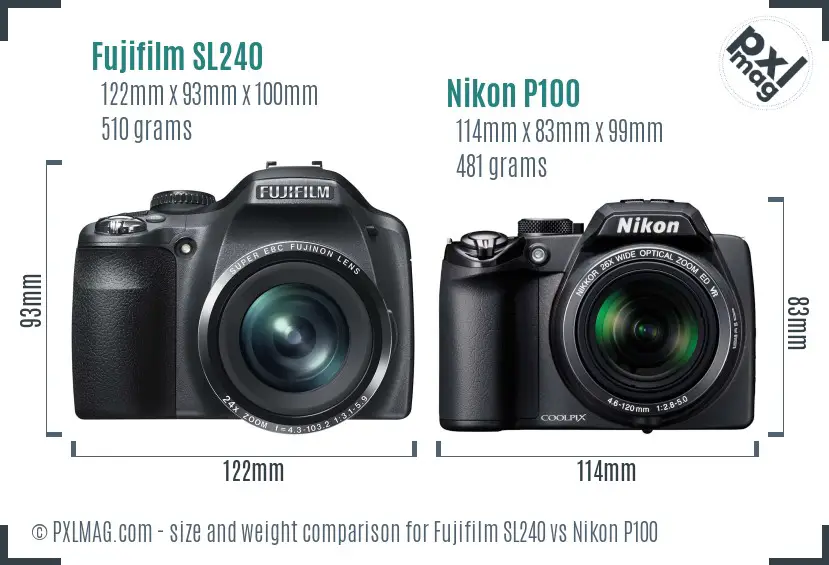 Fujifilm SL240 vs Nikon P100 size comparison
