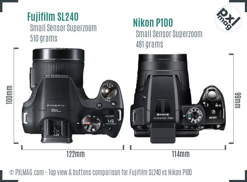 Fujifilm SL240 vs Nikon P100 top view buttons comparison