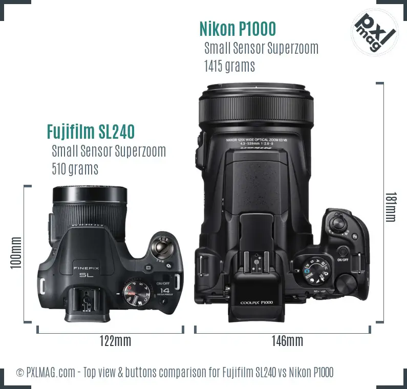 Fujifilm SL240 vs Nikon P1000 top view buttons comparison