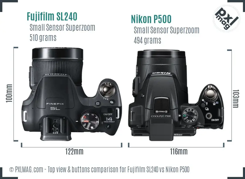 Fujifilm SL240 vs Nikon P500 top view buttons comparison Fujifilm SL240 vs Nikon P500 top view buttons comparison