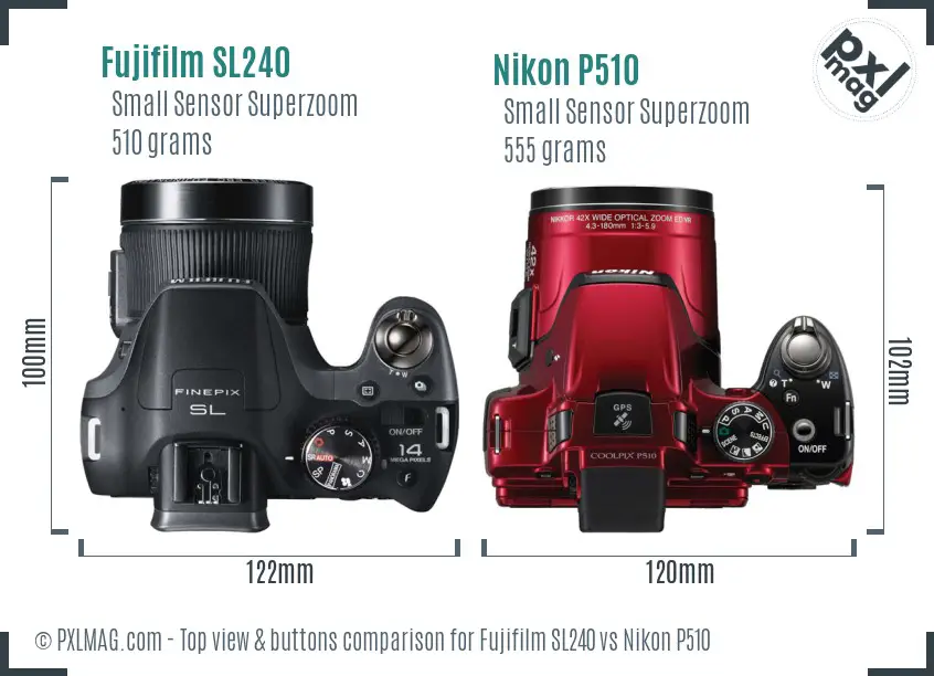 Fujifilm SL240 vs Nikon P510 top view buttons comparison Fujifilm SL240 vs Nikon P510 top view buttons comparison