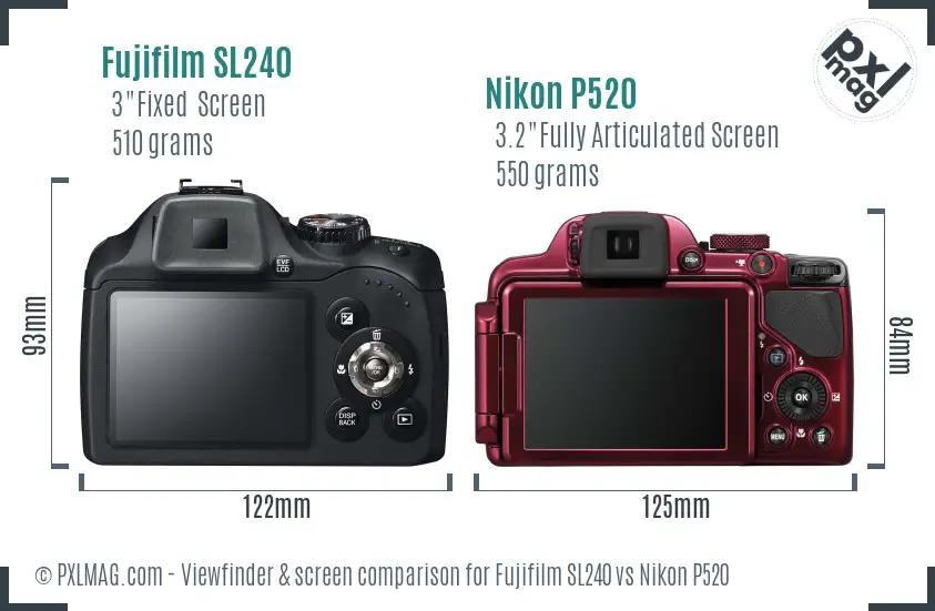 Fujifilm SL240 vs Nikon P520 Screen and Viewfinder comparison