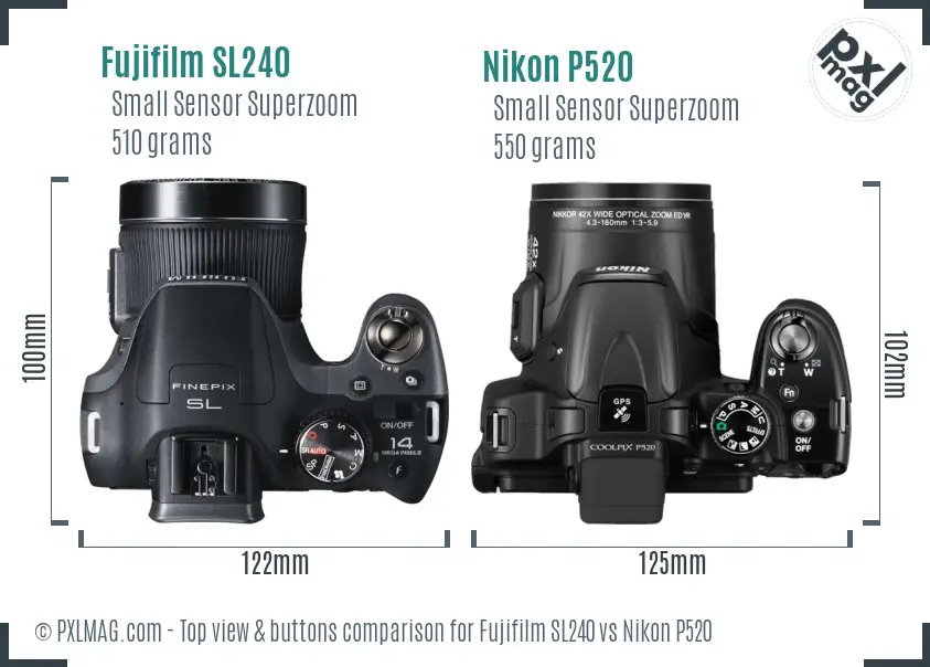 Fujifilm SL240 vs Nikon P520 top view buttons comparison