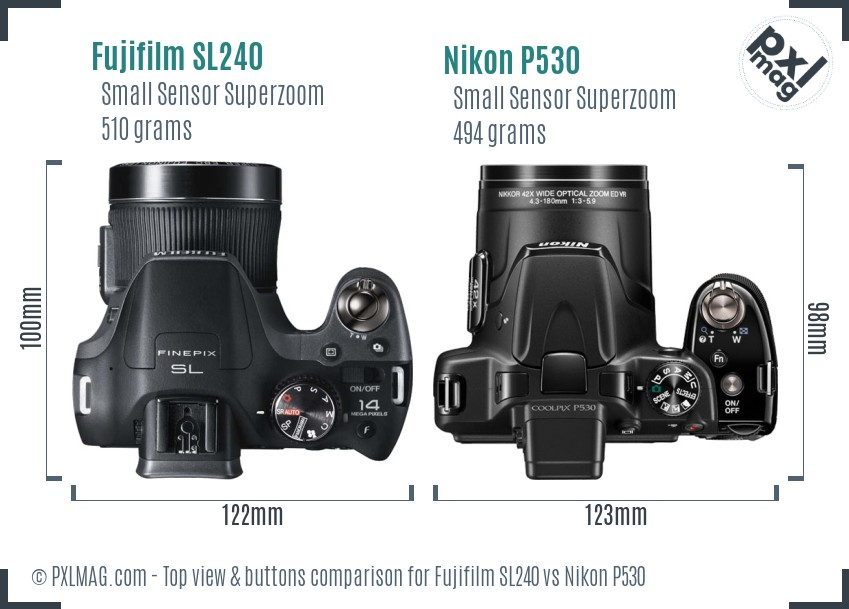 Fujifilm SL240 vs Nikon P530 top view buttons comparison