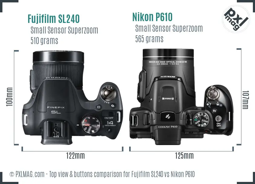 Fujifilm SL240 vs Nikon P610 top view buttons comparison