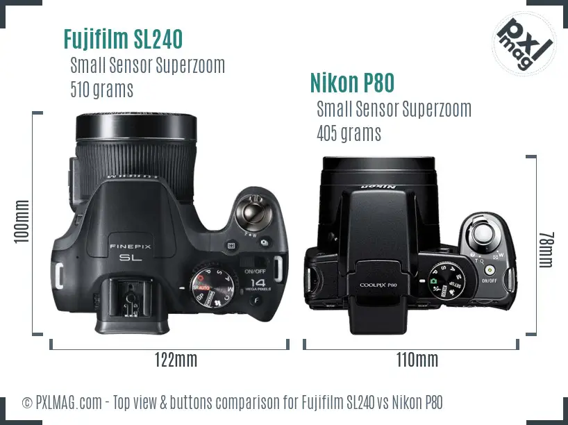 Fujifilm SL240 vs Nikon P80 top view buttons comparison