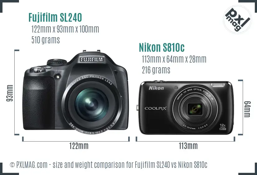 Fujifilm SL240 vs Nikon S810c size comparison