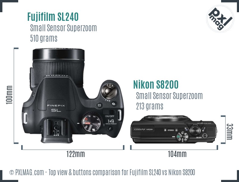 Fujifilm SL240 vs Nikon S8200 top view buttons comparison