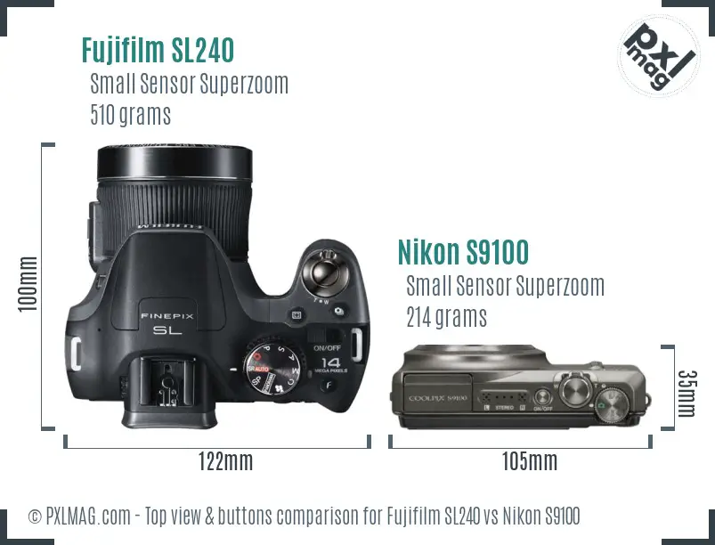 Fujifilm SL240 vs Nikon S9100 top view buttons comparison Fujifilm SL240 vs Nikon S9100 top view buttons comparison