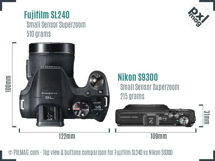 Fujifilm SL240 vs Nikon S9300 top view buttons comparison