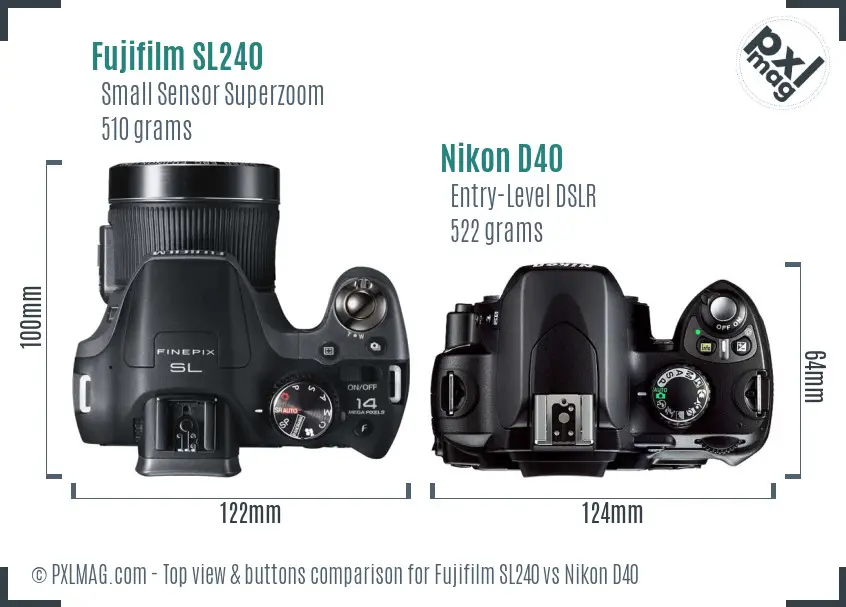 Fujifilm SL240 vs Nikon D40 top view buttons comparison