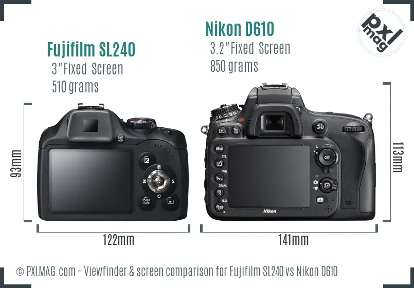 Fujifilm SL240 vs Nikon D610 Screen and Viewfinder comparison