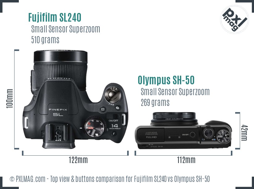 Fujifilm SL240 vs Olympus SH-50 top view buttons comparison