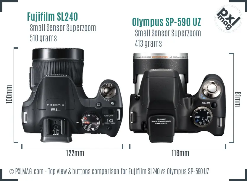 Fujifilm SL240 vs Olympus SP-590 UZ top view buttons comparison