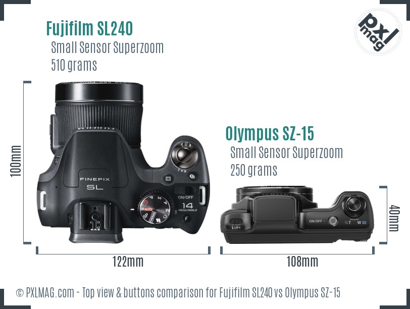 Fujifilm SL240 vs Olympus SZ-15 top view buttons comparison