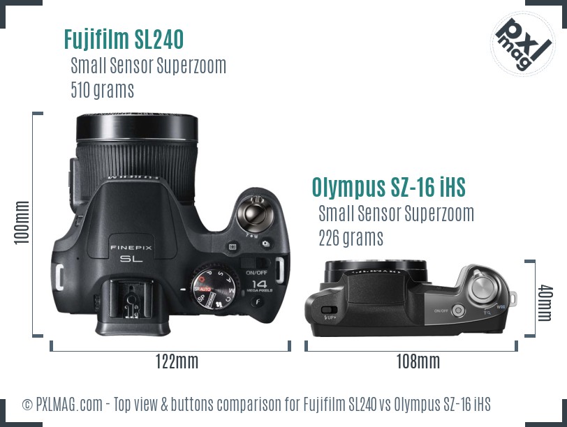 Fujifilm SL240 vs Olympus SZ-16 iHS top view buttons comparison