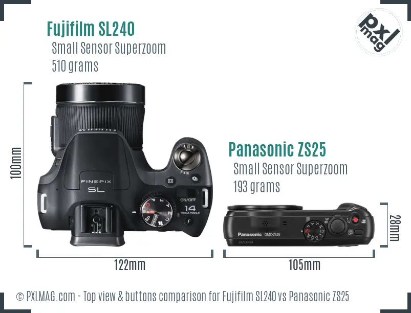 Fujifilm SL240 vs Panasonic ZS25 top view buttons comparison Fujifilm SL240 vs Panasonic ZS25 top view buttons comparison