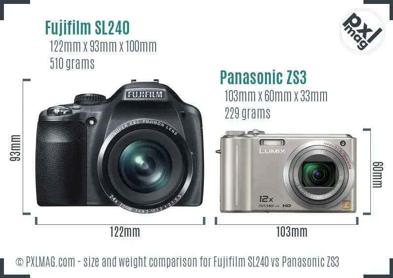 Fujifilm SL240 vs Panasonic ZS3 size comparison