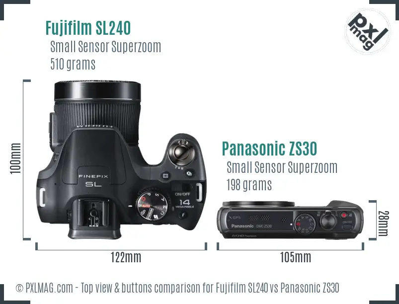 Fujifilm SL240 vs Panasonic ZS30 top view buttons comparison Fujifilm SL240 vs Panasonic ZS30 top view buttons comparison