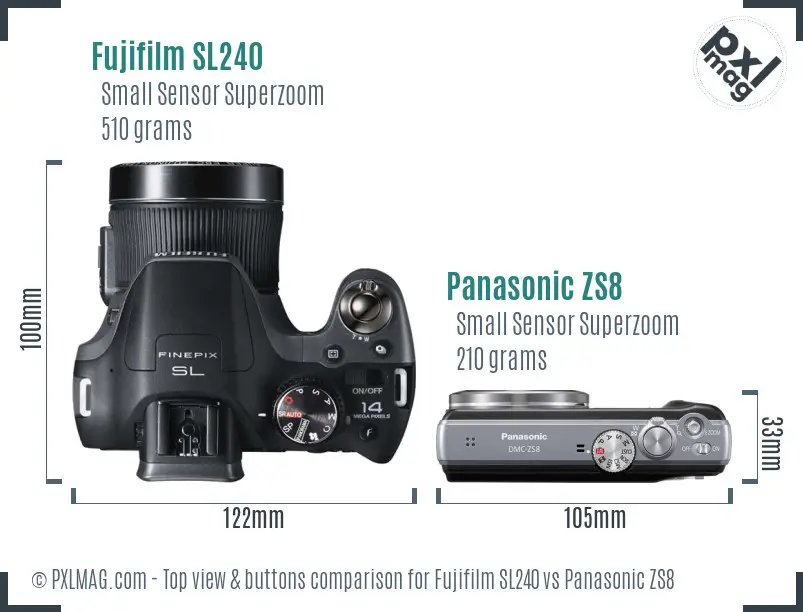 Fujifilm SL240 vs Panasonic ZS8 top view buttons comparison