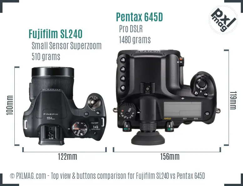 Fujifilm SL240 vs Pentax 645D top view buttons comparison