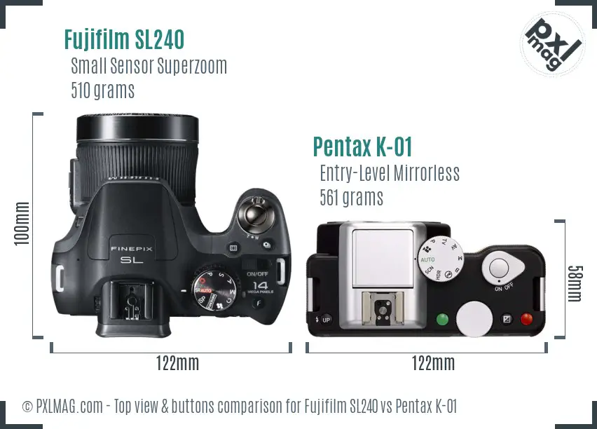 Fujifilm SL240 vs Pentax K-01 top view buttons comparison