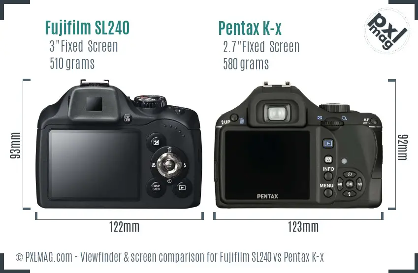 Fujifilm SL240 vs Pentax K-x Screen and Viewfinder comparison
