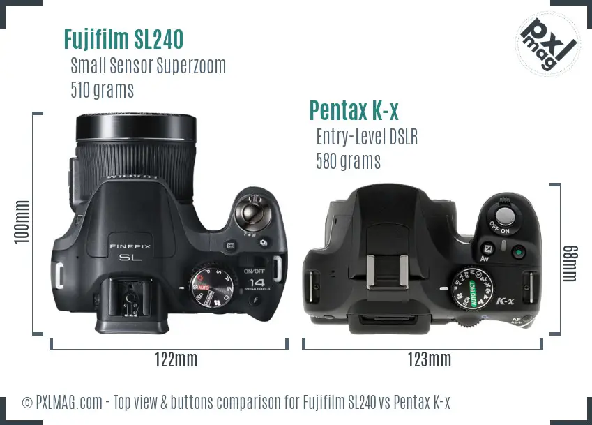 Fujifilm SL240 vs Pentax K-x top view buttons comparison