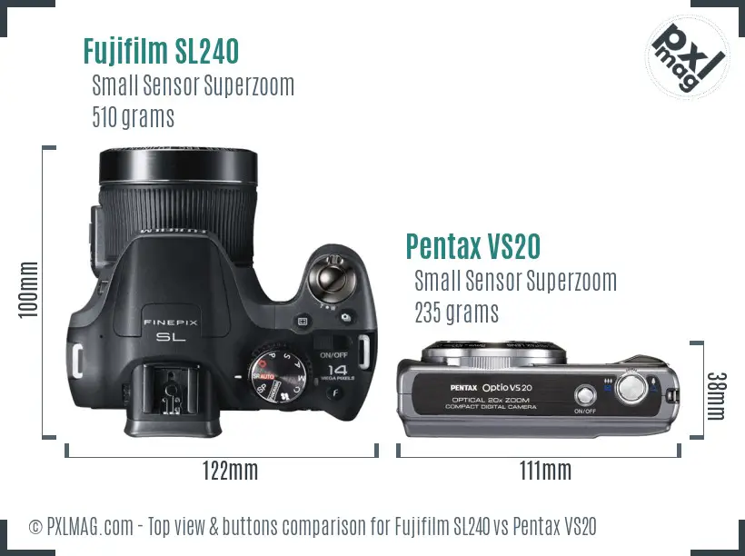 Fujifilm SL240 vs Pentax VS20 top view buttons comparison