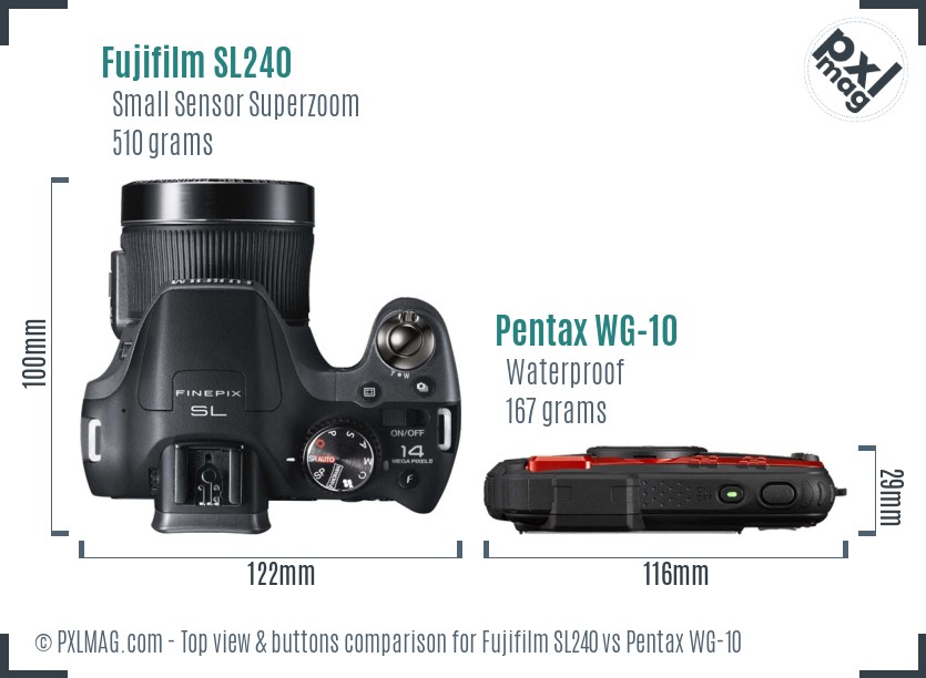 Fujifilm SL240 vs Pentax WG-10 top view buttons comparison